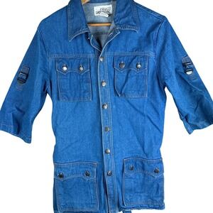 Vintage L'Avion Denim Button Chore Coat Womens Large Belted 3/4 Sleeve Jacket